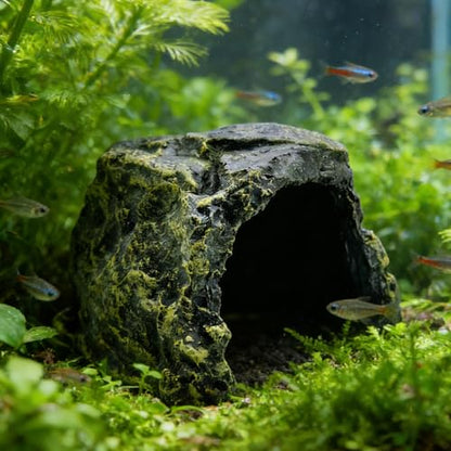 M2cbridge Aquarium Fish Hide Cave Reptile Hideout Cave Terrarium Amphibians Habitat Decor(Black Rock+ Water Dish) - style: Black Rock+ Water Dish