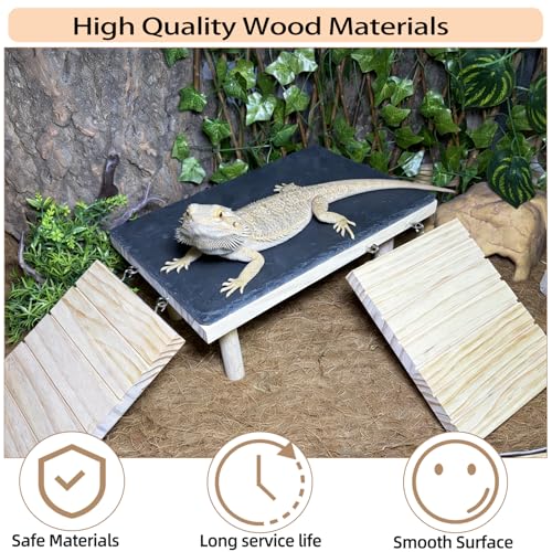 Bearded Dragon Platform Wooden Reptile Hideout Cave Climbing Tank Accessories with Reptile Basking Rock for Leopard Gecko Lizard Tortoise (Small, 9.8 × 5.9 Inches) - size: Small