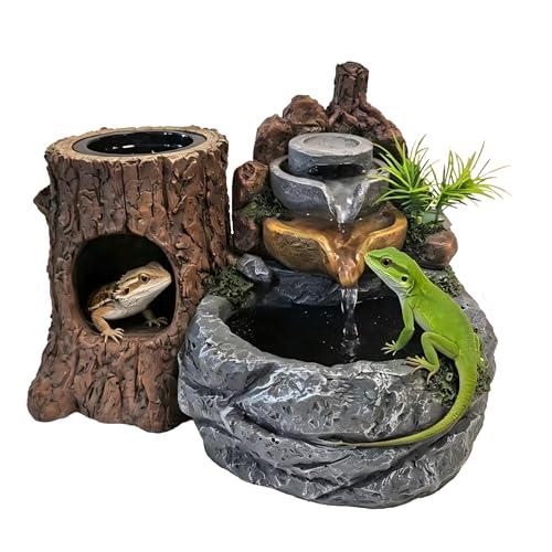 Reptile Water and Hideout Climb Device,Terrarium Waterfall Drinking Fountain, Water Dispenser Fountain with Food Dish for Bearded Dragon, Gecko, Chameleon, Lizard, Tree Frog & Turtle