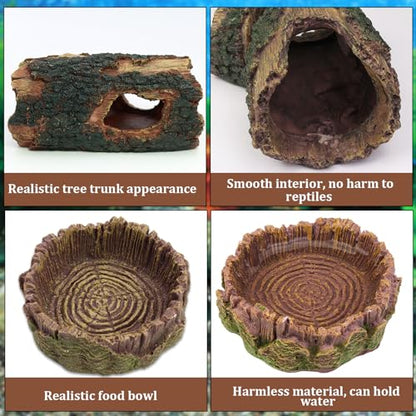 3 pcs Large Reptile Hide Cave Set with Food & Water Bowls. Natural Resin Hollow Tree Trunk Hideout. Reptile and Fish Tank Accessories for Geckos, Lizards, Snakes and Hermit Crabs