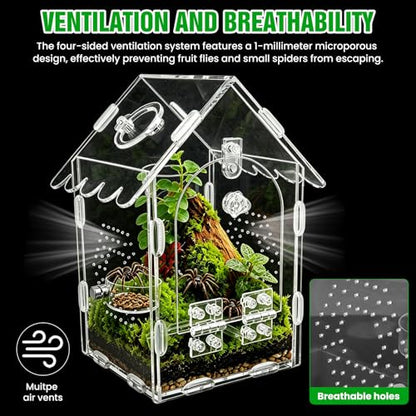 Jumping Spider Enclosure Kit, Clear Acrylic Reptile Enclosure Bug Habitat, Terrarium for Tarantulas, Mantis,Hermit Crabs,Snail(5" X 4" X 8")