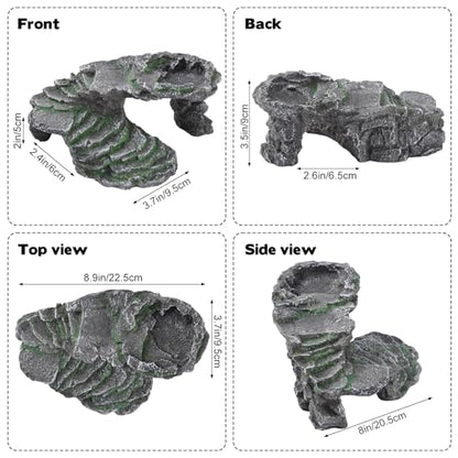 Reptile Hide Cave with Feeding Dish, Basking Platform & Climbing Ledge for Lizards, Natural Rock Style Habitat for Gecko Bearded Dragon Terrarium Decor