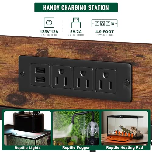Reptile Tank Stand with Power Outlets，48" X 24" Tabletop Fits up to 120 Gallon Bearded Dragon Enclosure Stand，Double Snake Terrarium Table with Light