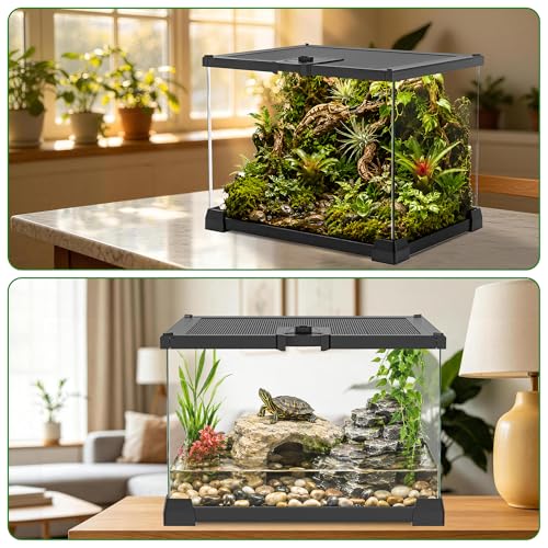 Mini Glass Terrarium Tank 8"x8"x6" with Top-Opening Mesh Lid, 360° Clear View, Ventilated Enclosure for Tarantulas, Jumping Spiders, Isopods, Froglets, & Small Reptiles - size: 8" x 8" x 6"