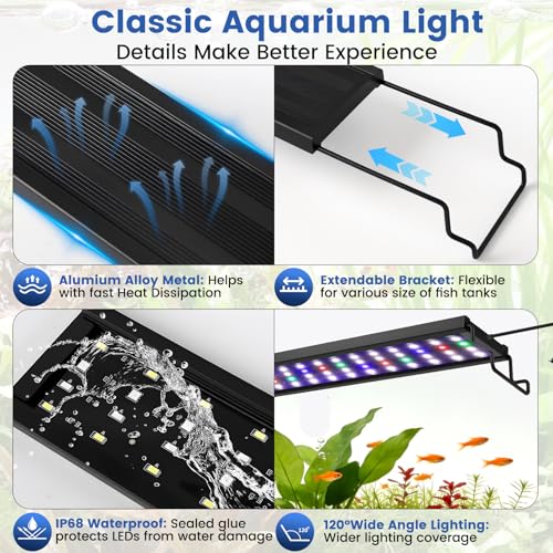 AQQA Aquarium Plant Light Full Spectrum LED Fish Tank Light IP68 Waterproof with 24/7 Natural Mode & DIY RGBW Mode, 9 Colors & 10-Level Brightness Adjustable, 6 Timer Settings for 32"-40" Tank (30W) - size: 32-40inch