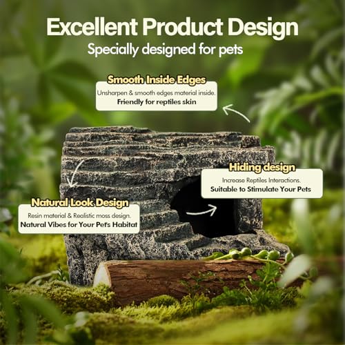 Reptile Hide, Great for Geckos, Snakes, Bearded Dragons & Lizards. with Steps for Rock Climbing, It Doubles as Aquarium Rock Cave Corner Cave for Climbing Hiding. (Stone, A-XLarge)