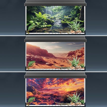 COMSUN 3 Pack Terrarium Background, 36x18 inches Polyester Reptile Background, Cloth Terrarium Backgrounds, Gobi Sunshine Cactus Stone & Green Tree Fern Stream Backgrounds - size: 36x18 Inch