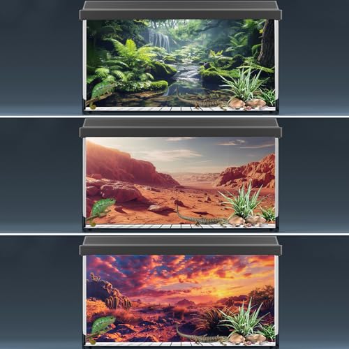 COMSUN 3 Pack Terrarium Background, 48x18 inches Polyester Reptile Background, Cloth Terrarium Backgrounds, Gobi Sunshine Cactus Stone & Green Tree Fern Stream Backgrounds - size: 48x18 Inch