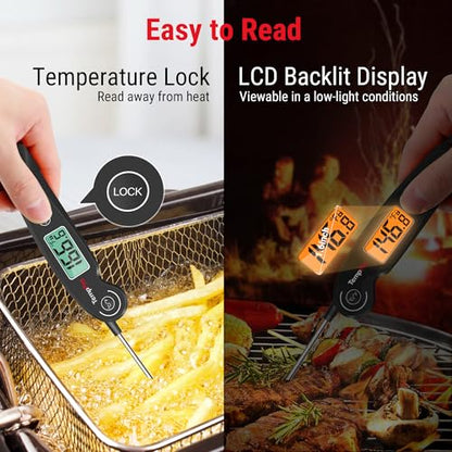 TempPro TP605 Instant Read Meat Thermometer for Cooking, Waterproof Digital Food Thermometer with Large Backlit LCD, Kitchen Thermometer for Grilling, Smoking & Candy Making (Previously ThermoPro) - color: Black