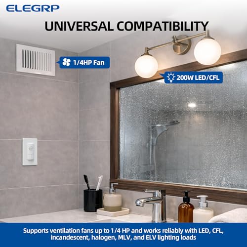 ELEGRP Dual Combination Humidity Sensor Switch with Light Control, Exhaust Fan Automate Ventilation, Moisture Control, Air Circulation for Bathroom, Ground Wire Required, Single Pole, White, 1 Pack - style: Fan & Light Control