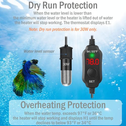 30W Mini Aquarium Heater for 4-6 Gallon Tanks | Submersible Fish Tank Heater with Digital Thermostat, Dry-Run & Overheat Protection, Memory Function - size: For Aquariums ≤ 6 Gal