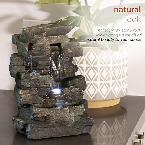 Alpine Corporation 13" Tall Indoor Tabletop Water Fountain, 4 Tier Cascading Water Feature with LED Lights for Home, Office, Living Room, or Zen Decor, Gray - style: Stacked Stone w/ LED