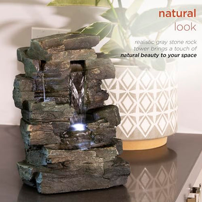 Alpine Corporation 13" Tall Indoor Tabletop Water Fountain, 4 Tier Cascading Water Feature with LED Lights for Home, Office, Living Room, or Zen Decor, Gray - style: Stacked Stone w/ LED