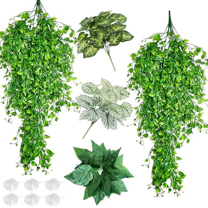 Hamiledyi Reptile Plants Tank Habitat Decorations Fake Hanging Vines 5 Pcs Artificial Leaves Habitat Decorations with Suction Cup for Bearded Dragon, Leopard Gecko, Lizard, Chameleon, Snake (Green) - size: 5 PCS - Style 4