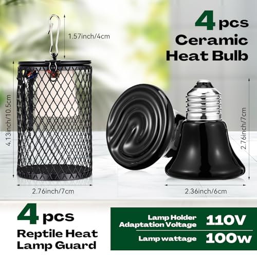 Retisee 4 Pcs Reptile Heat Lamp with Guard Bird Cage Heater 100w Ceramic Bulb Anti-scalding Heat Lamp Holder Bulb Short Grid Cage with Anti-bite Hook and Power Switch for Parrot Lizards Snakes Chicks