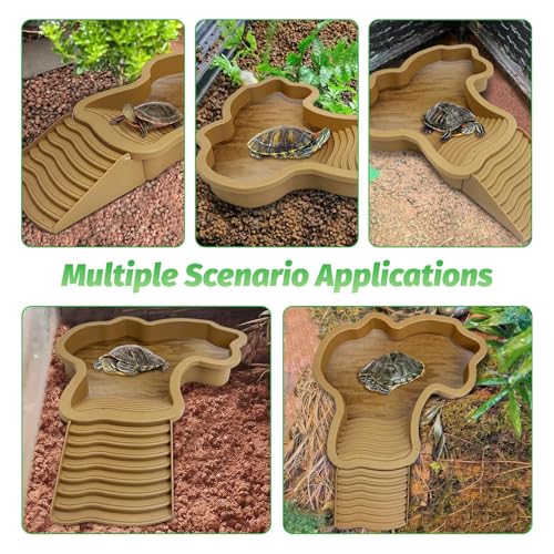 PINVNBY Large Reptile Bathing Pool Tortoise Water Dish with Removable Ramp and Leaf Reptile Food Dish & Water Bowl Tortoise Habitat Accessories for Turtle Lizard Gecko Snake (Yellow)