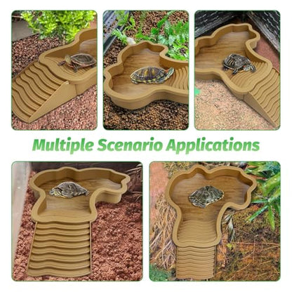 PINVNBY Large Reptile Bathing Pool Tortoise Water Dish with Removable Ramp and Leaf Reptile Food Dish & Water Bowl Tortoise Habitat Accessories for Turtle Lizard Gecko Snake (Yellow)