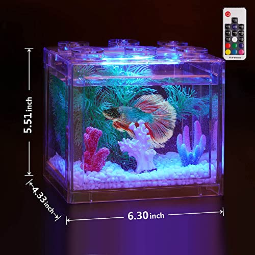 Oltraman Small Betta Fish Tank, Aquarium Tank Kit with LED Lighting, 0.6 Gallon Stackable Fighting Fish Tank Set, Fish Bowl Accessories for Turtle Reptile Shrimp Crab Insects as Decoration