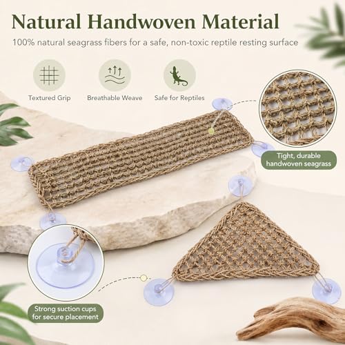 Dansydaisy 4 Pcs Bearded Dragon Reptile Hammock Large Set, Woven Lounger with Strong Suction Cups, Includes 2 Rectangle (29.5" x 7.1") and 2 Triangle (12.6" x 16.5") Climbing Beds for Geckos Iguanas - size: 29.5" X 7.1"，12.6" X 16.5"