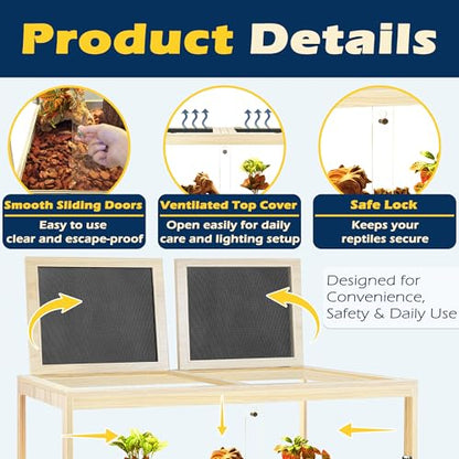 PROLEE Bearded Dragon Tank with Leg, 80 Gallon Tempered Glass Lizard Tank, Reptile Enclosure with Metal Mesh and Lockable Door, Reptile Tank for Snakes,Chameleon (Oak, 48x19x19 Inch)