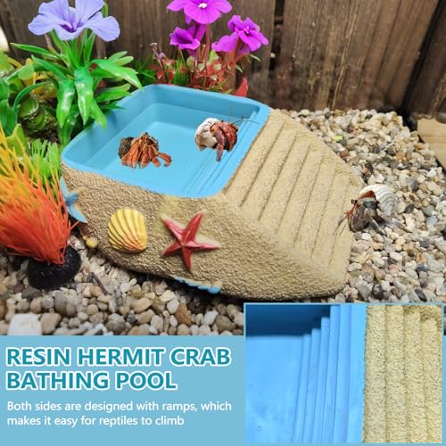 Hermit Crab Water Bowl,Resin Hermit Crab Pool with Climbing Ramp,Beach Style Reptile Feeding Dish Food Bowl Basking Platform Accessories for Turtles,Lizard,Frog,Gecko