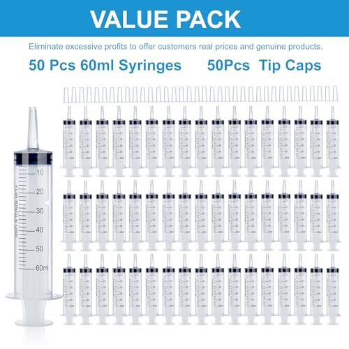 50Pack 60ml Syringe for Liquid - Large Plastic Syringes Without Needle for Food Thick Liquids and Irrigation Water, Lip Gloss Filling, Feeding Dogs Meds, Measuring ( 50 Pack 60 ml / cc )