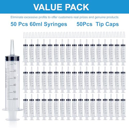 50Pack 60ml Syringe for Liquid - Large Plastic Syringes Without Needle for Food Thick Liquids and Irrigation Water, Lip Gloss Filling, Feeding Dogs Meds, Measuring ( 50 Pack 60 ml / cc )