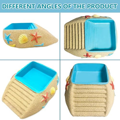 Hermit Crab Water Bowl,Resin Hermit Crab Pool with Climbing Ramp,Beach Style Reptile Feeding Dish Food Bowl Basking Platform Accessories for Turtles,Lizard,Frog,Gecko