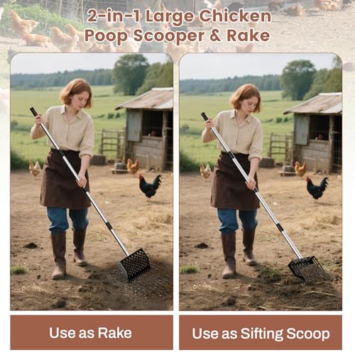 2-in-1 Chicken Poop Scooper & Rake with Grip, Adjustable Handle 24" to 66" | 10" Wide Metal Sand Sifting Shovel, Chicken Pooper Scooper for Poop Shavings, Litter Scooper for Chicken Coop Accessories