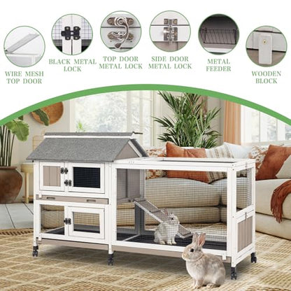 2-Story Rabbit Hutch Indoor & Outdoor, Large Bunny Hutch with 3 Pull-Out Trays, 6 Lockable Wheels, Wooden Rabbit Cage with Asphalt Roof & 6 Accesses for 2-4 Rabbits, Backyard, Home, Patio - size: PET80