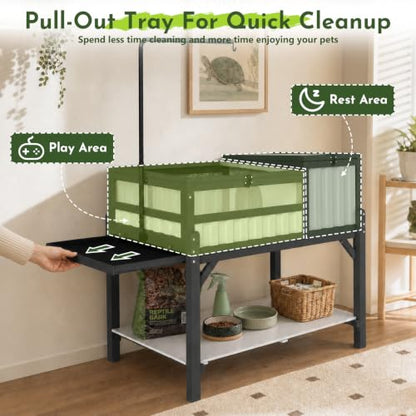 Large Tortoise Habitat with Storage Shelf, Wooden & Plastic Tortoise Enclosure with Adjustable Lamp Stand, Viewing Window, Pull-Out Tray, 2-Room Indoor Outdoor Reptile Turtle House - size: 39.0"L x 22.8"W x 33.0"H