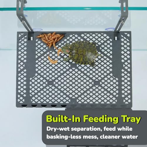 Large SolidForm Hanging Turtle Basking Platform with Built-in Food Tray, Zero Zip-Tied, Non-Slip Ramp Terrace, Resting Turtles Dock, for 50–120 Gallon Aquariums Turtle Turtle Tank Accessories - size: Large（12.6×8.7inches）