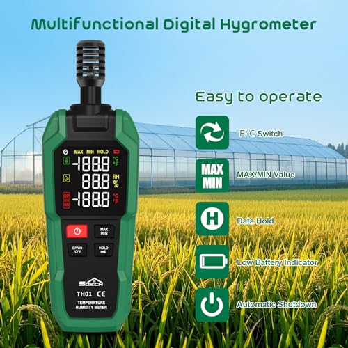 Temperature Humidity Meter, SQECH Digital Hygrometer with Ambient Thermometer,Wet Bulb,Flashlight,Max/Min,Data Hold,High Precision Psychrometer Monitor with Color Backlight for Home Havc