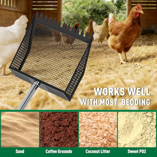 TOOGE Large Chicken Poop Scooper: 2-in-1 Metal Pooper Scooper & Rake Adjustable 62" Long Handle Stainless Steel Sand Sifting Litter Shovel Chicken Coop Scoop Cleaning for Bedding Goats Bright Black - color: Bright Black