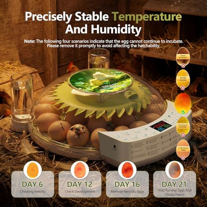 22 Eggs Smart Incubator, One-Click Hatching, Automatic Temp Humidity Control, Auto Egg Turner, Built-in Egg Candler, Music Reminder Poultry Hatcher for Chicken Duck Quail Pigeon Classroom Home Use
