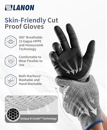 LANON Cut Resistant Gloves, Knife Protection Level D, Nitrile Coating with Honey Comb Pattern, ANSI A4 Cut Work Gloves, Reinforced Thumbs, 3D Comfort Fit, Breathable, Mechanical, Touchscreen,Small - size: Small