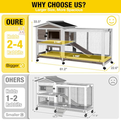 Aivituvin Rabbit Hutch 62" Rabbit Cage Indoor Outdoor Chicken Coop Guinea Pig Cage on Wheels Bunny Cage with 3 Deep No Leakage Pull Out Tray,Waterproof Roof (Brown) - color: Brown