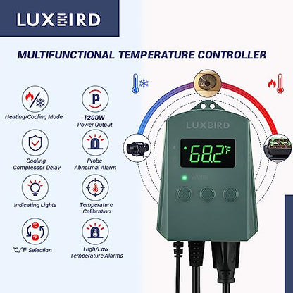 LUXBIRD Digital Heat Mat Thermostat Controller Heating Cooling 10A 1200W for Seedling, Reptiles and Brewing, Breeding, Incubation, Greenhouse, Fans, Cooling Device, 32~113℉ FCC-Certified