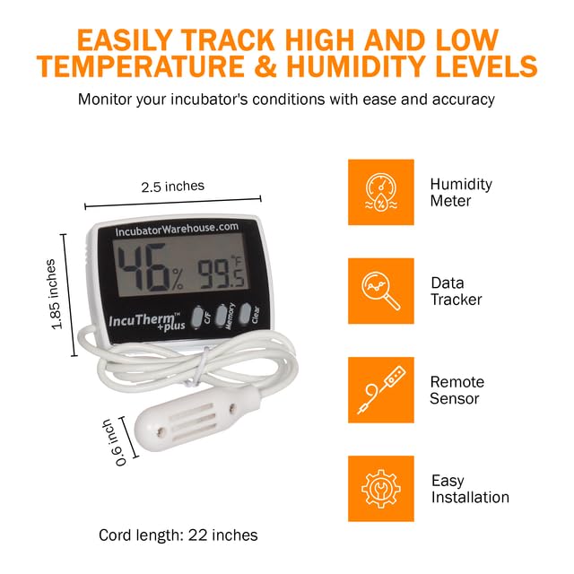 IncuTherm™ Plus Digital Thermometer and Hygrometer for Egg Incubator - Large Digital Display with Min/Max Memory - Remote Probe - Reads Celsius and Fahrenheit +/-1° 1109 IWTH01