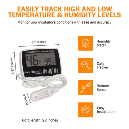 IncuTherm™ Plus Digital Thermometer and Hygrometer for Egg Incubator - Large Digital Display with Min/Max Memory - Remote Probe - Reads Celsius and Fahrenheit +/-1° 1109 IWTH01