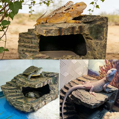 kathson Extra Large Turtles Basking Platform,Resin Reptile Hideouts Cave Habitat Decor,Tortoise Hide Cave with Climbing Ramp Step,Bearded Dragons Hide Basking Rocks Accessories for Lizard,Gecko,Frog