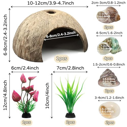 QUOZUO Hermit Crab Shells - Natural Coconut Shell Hut with Artificial Plants, Seashells for Crab Tank Hideouts - 22 PCS