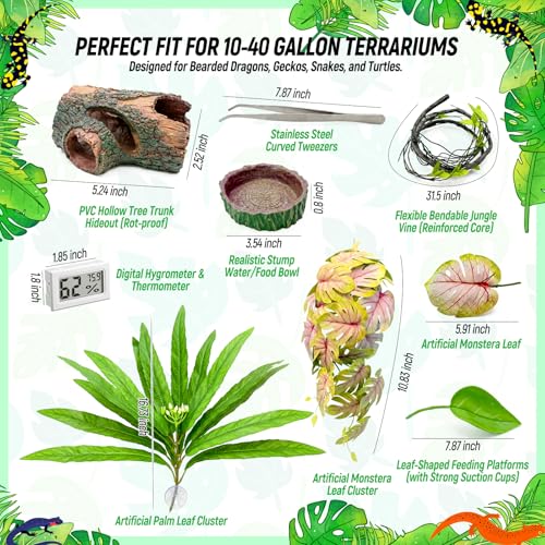 Crested Gecko Tank Accessories Kit，Tree Trunk Hideout, Artificial Plants | Feeding Bowl, Jungle Vines , Resting Leaves Platform , hygrometer thermometer , for Leopard Gecko, Frogs, Hermit Crabs