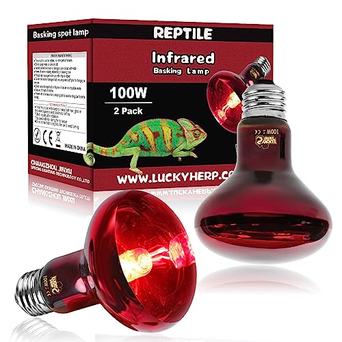 LUCKY HERP Infrared Heat Lamp 100W 2 Pack，Reptile & Amphibian Basking Spot Light Bulbs, Red Heat Lamp Bulbs for Reptiles, Bearded Dragon, Turtle, Lizard, Snake, Chicken - size: 100