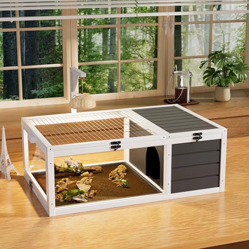 Tortoise Habitat, Tortoise House, Tortoise Enclosure with Adjustable Lamp Holder, Lockable Top, Pull-Out Waterproof Trays, Small Animals & Reptile, Wooden, Indoor & Outdoor
