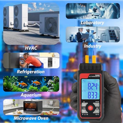 Digital K Type Thermocouple Thermometer (-328~2500℉), Dual Channels Thermometer with 2 HVAC Temperature Clamps & 2 Wired Thermocouple Probes, LED Backlight & ADJ Compensation Temperature Meter Tester