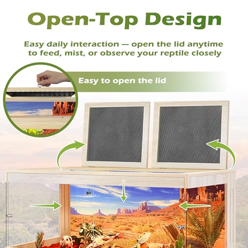 Royxen Bearded Dragon Tank, 82 Gallons Tempered Glass Reptile Terrarium with Metal Mesh Top, 3-Side Clear Anti-Scratch Glass Lizard Tank for Reptile Habitat (Oak, 48" Length) - color: Oak, size: 82Gal,48x20x20inch