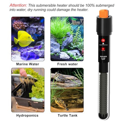 PULACO 200Watt Aquarium Heater for 25-50 Gallon Fish Tank, Adjustable Submersible Heater Thermostat with Thermometer Strip and Suction Cup