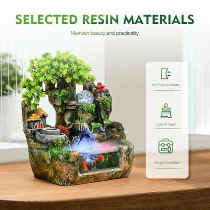 Upgraded Resin Tabletop Waterfall Fountain with LED Mist & DIY Rockery Landscape, Relaxing Desktop Water Fountain for Office, Bedroom & Home Décor, Quiet Indoor Water Feature