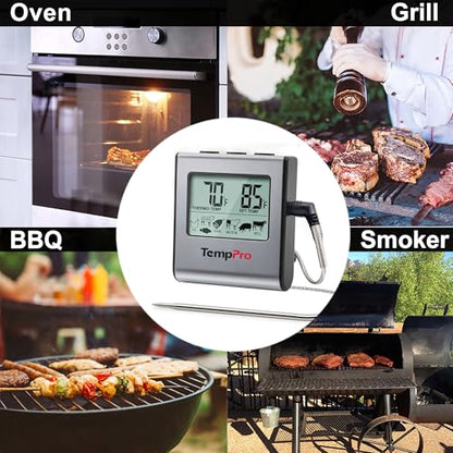 TempPro TP16 Large LCD Digital Meat Thermometer for Smoker Oven Kitchen BBQ Grill Thermometer Clock Timer with Stainless Steel Temperature Probe, Cooking Gifts for Father&Husband(Previously ThermoPro) - color: Light Silver